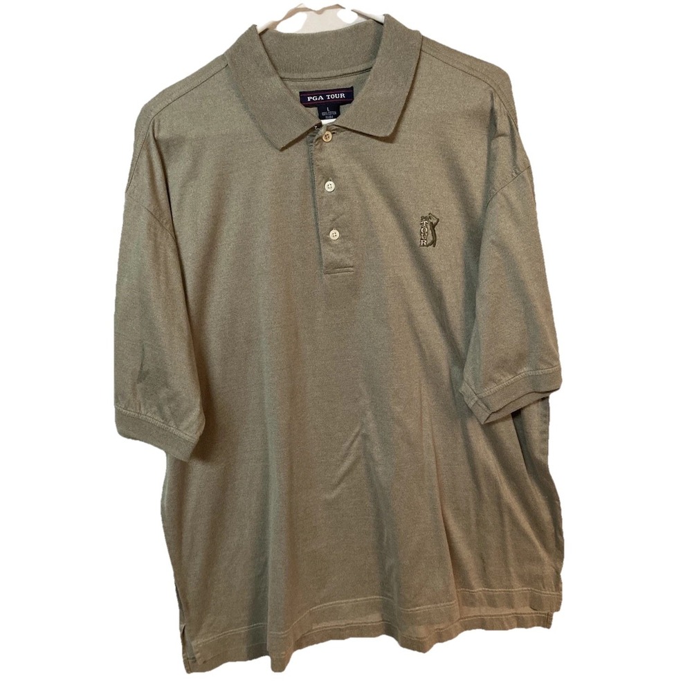 PGA TOUR Green Solid Polo Shirt L Short Sleeve Golf top breathable LogoSporty